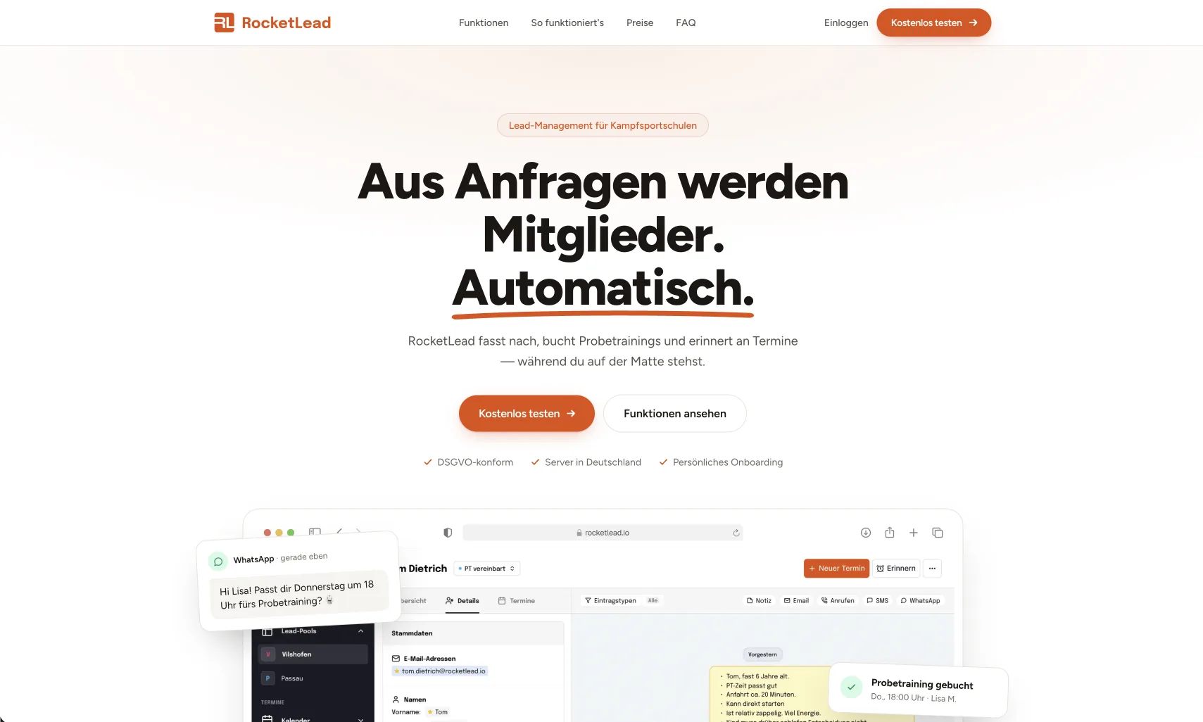 Startseite von rocketlead.io: Lead-Management für Kampfsportschulen